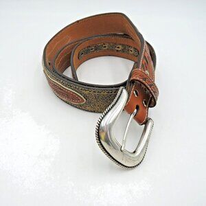 Western Leather Belt Mens 46 Tooled Silver‎ Buckle Cowboy Horse Cross Concho
